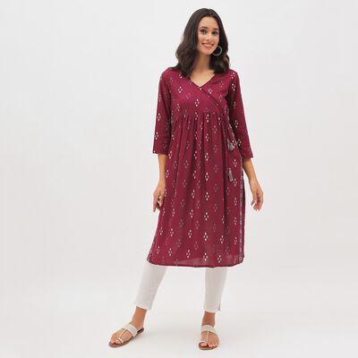 Women's Deep Burgundy V-Neck Printed Kurta