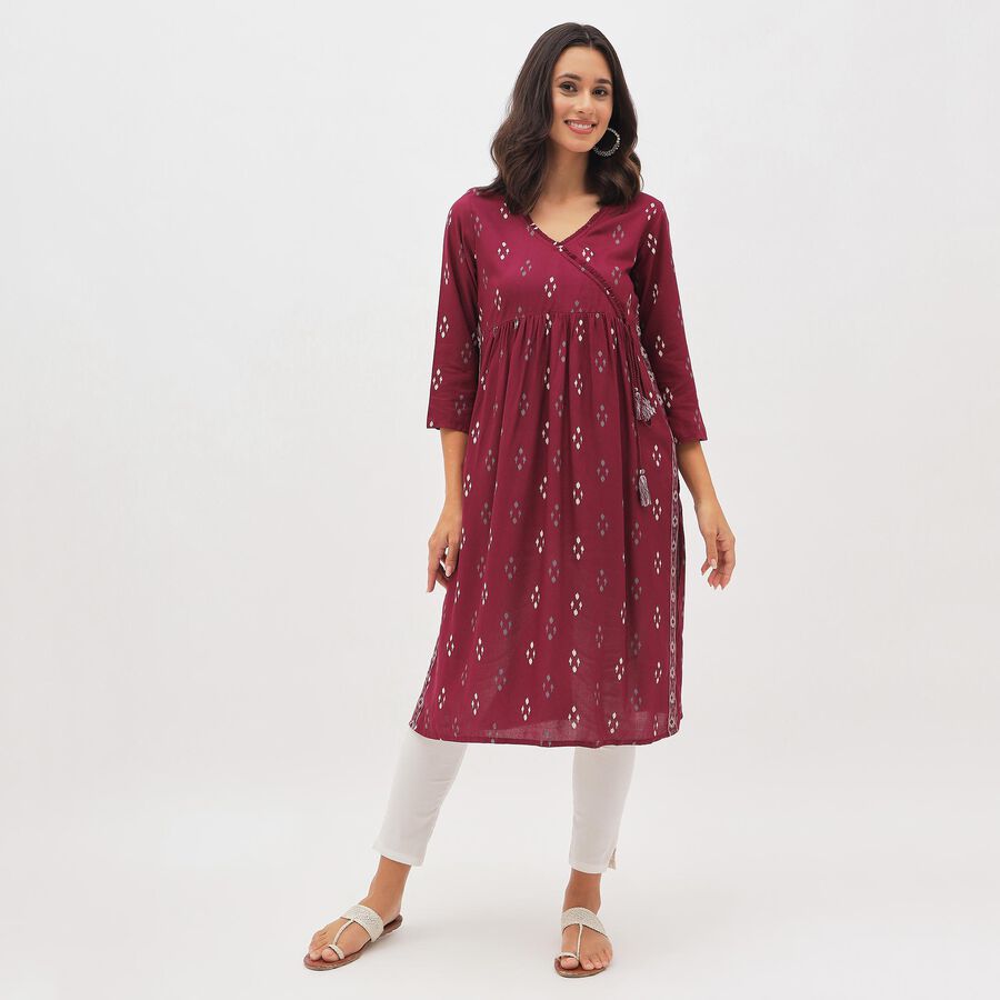 Women's Deep Burgundy V-Neck Printed Kurta, Wine, large image number null