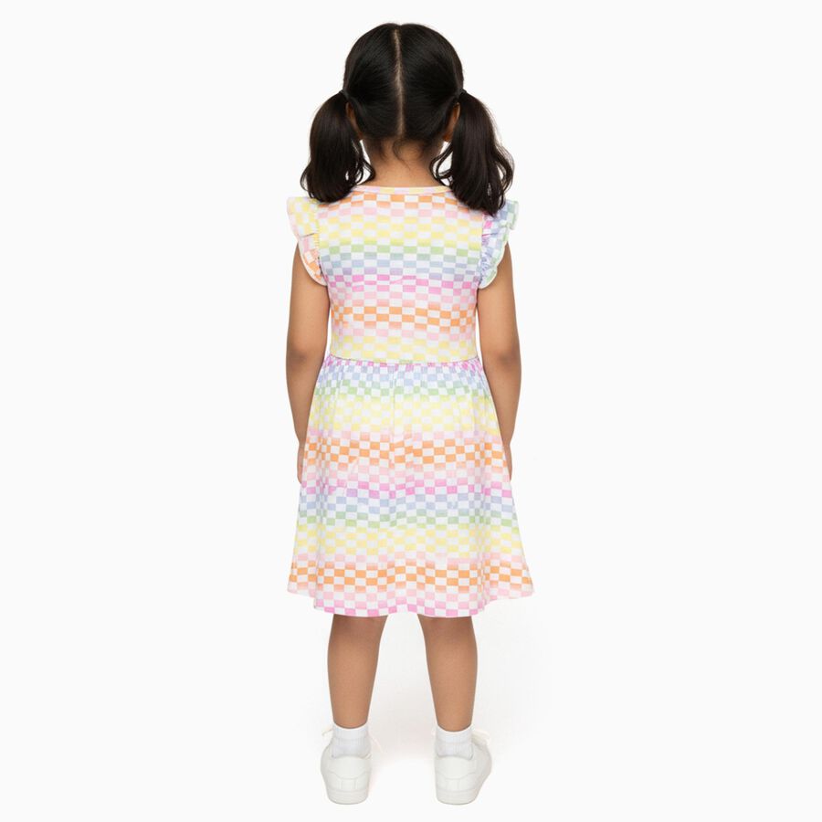 Girls' Multicolor Rainbow Checkered Flutter Sleeve Frock, Off White, large image number null