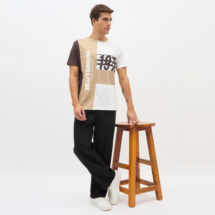 Men's Beige and White Henley Neck Printed T-Shirt, Brown, large image number null