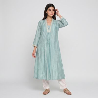 Women's Aqua V-Neck Printed Kurta