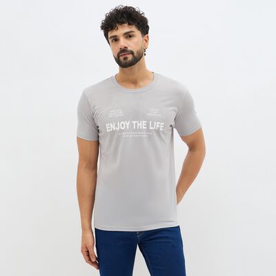 Men's Light Grey Round Neck Graphic T-Shirt