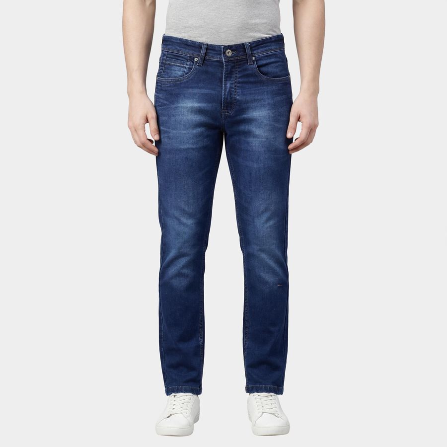 Men's Navy Blue Slim Fit Stretchable Jeans, Mid Blue, large