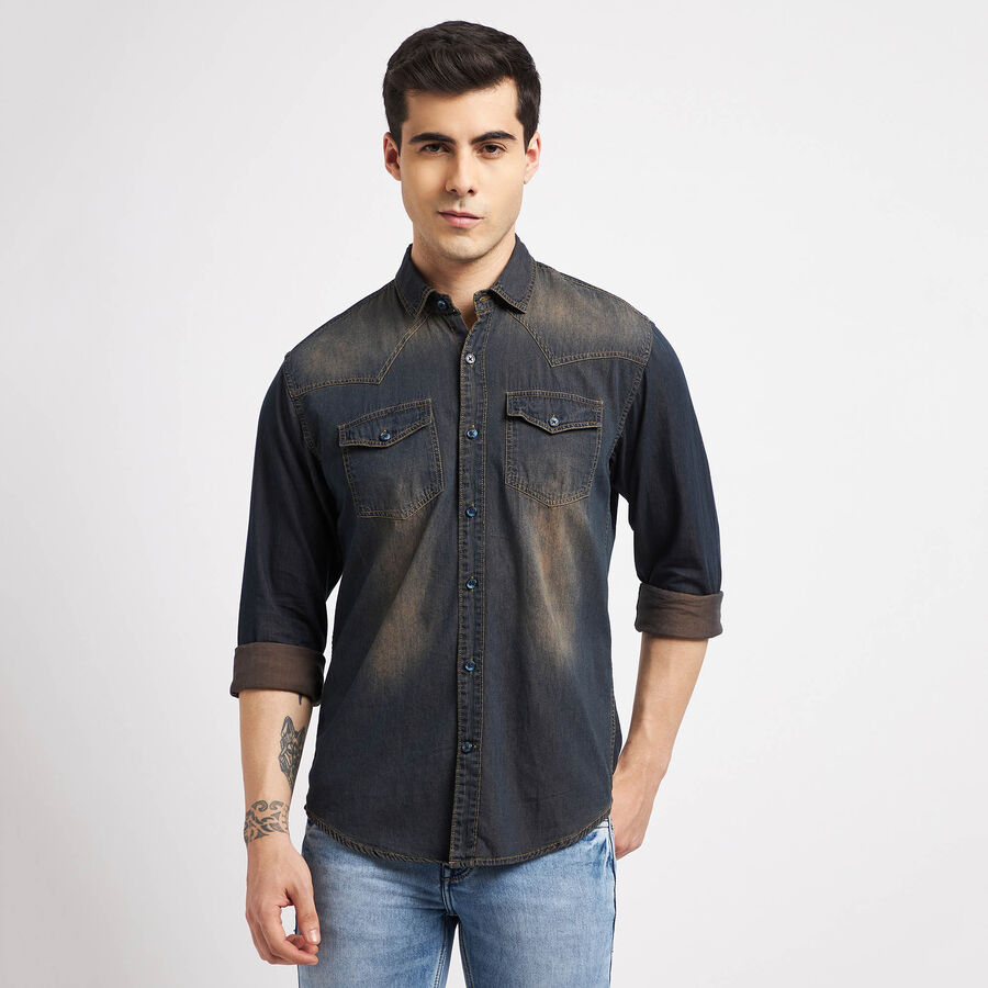 Cotton Solid Casual Shirt, Dark Blue, large image number null