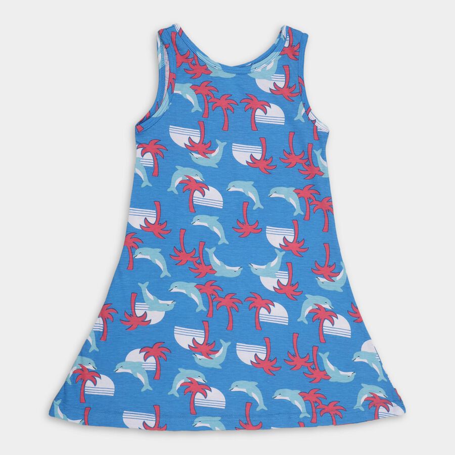 Girls' 100% Cotton Frock, मध्यम नीला, large