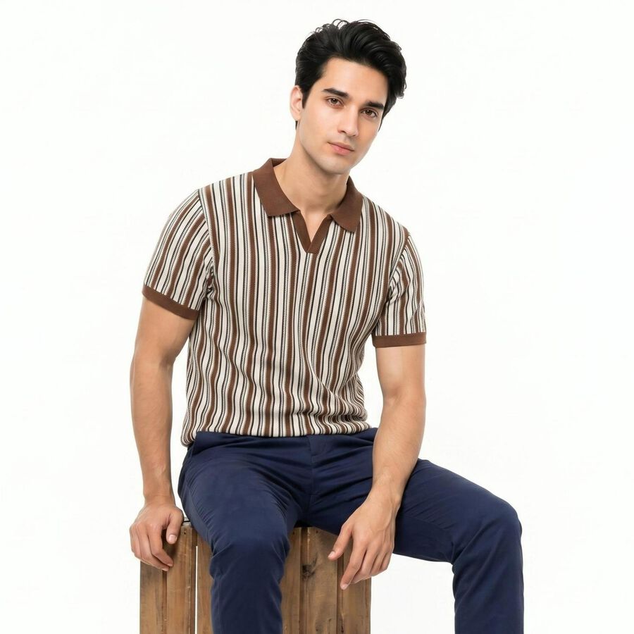 Men's Brown Polo Neck Striped T-Shirt, भूरा, large