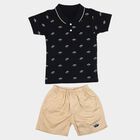 Infants' Navy Blue 100% Cotton Polo Neck Printed Baba Suit, Navy Blue, small