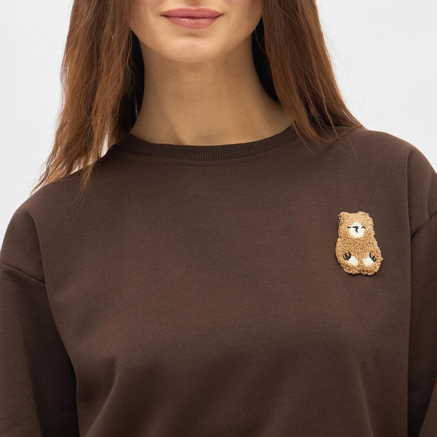 Women's Dark Chocolate Brown Crew Neck Casual Sweatshirt, Brown, large image number null