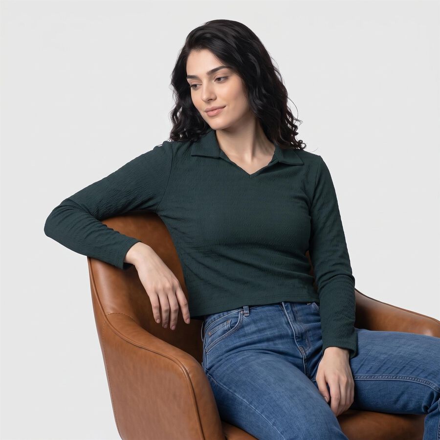 Women's Green V-Neck Regular Top, Dark Green, large