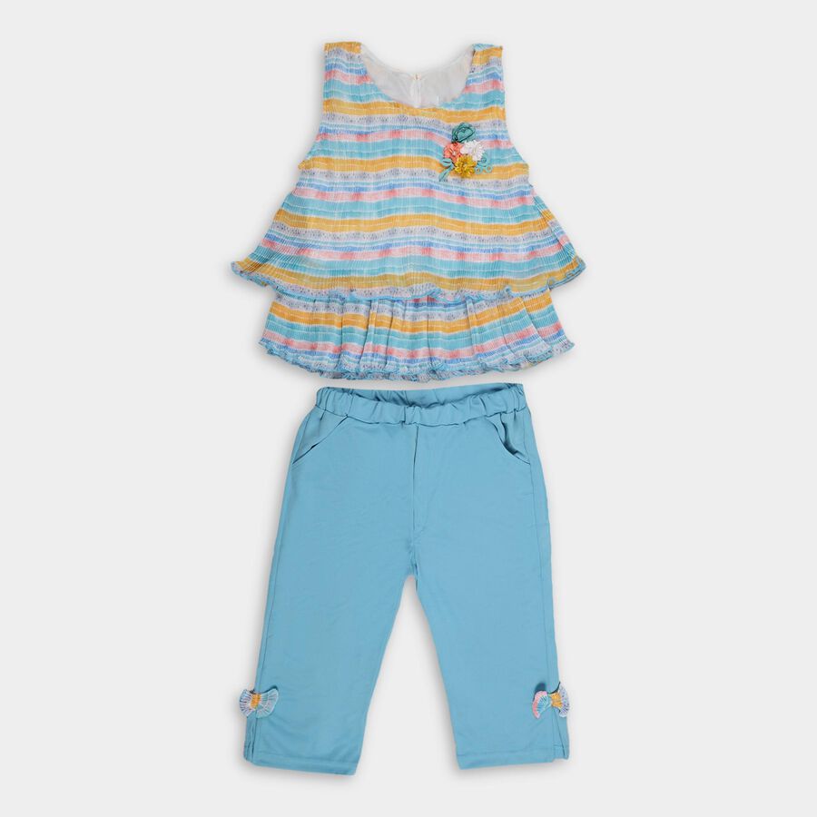 Girls' Multicolor Striped Sleeveless Top and Capri Set, एक्वा, large image number null