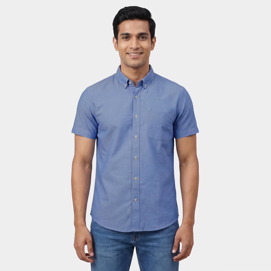 Men's Navy Blue Classic Collar Printed Casual Shirt, मध्यम नीला, large