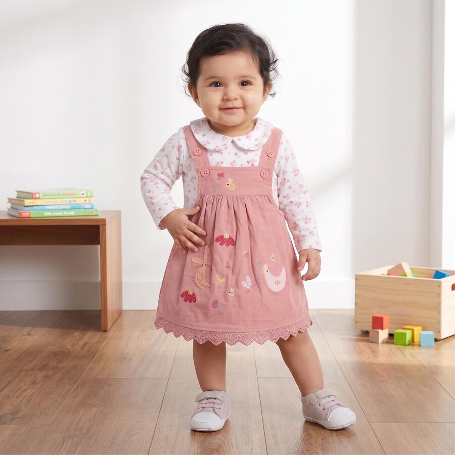 Infants' Pink Cotton Fit and Flare Embroidered Pinafore Frock, Light Pink, large