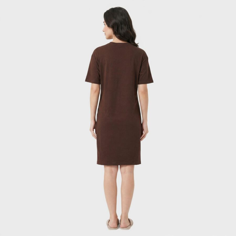 Women's Brown Cotton Round Neck T-Shirt Style Nighty, भूरा, large