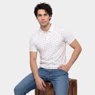 Men's White Cotton Polo Neck Printed T-Shirt, White, small