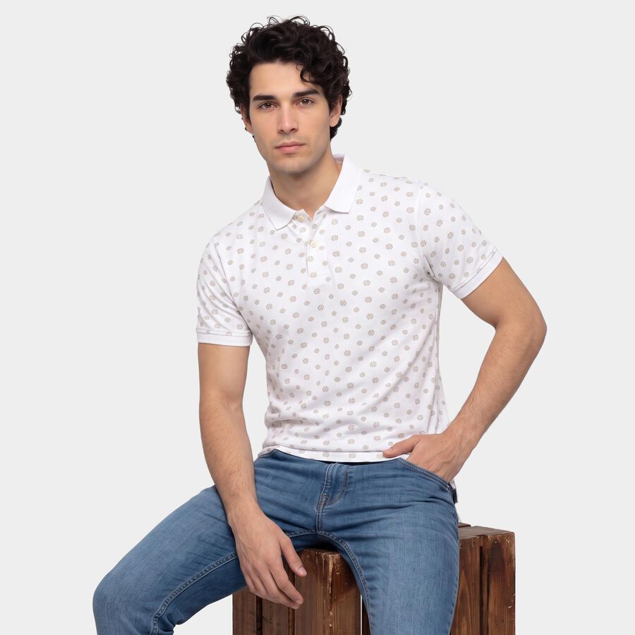 Men's White Cotton Polo Neck Printed T-Shirt, White, large