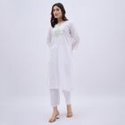 Women's White Cotton V-Neck Embroidered Kurta, ऑफ व्हाइट, small image number null