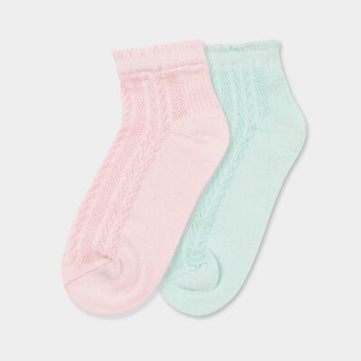Girls' Soft Pastel Pink and Light Mint Green Regular Fit Cable Knit Ankle Socks Pack of 2
