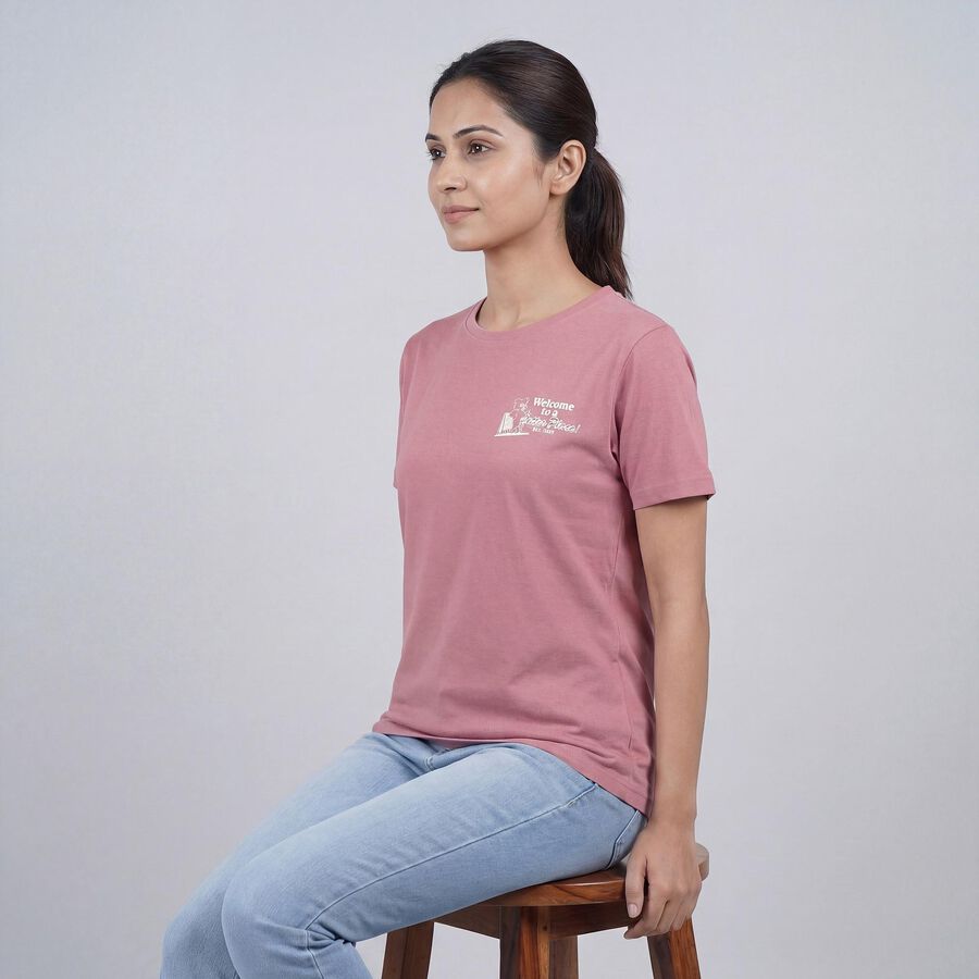 Women's Pink Round Neck Casual T-Shirt, Pink, large