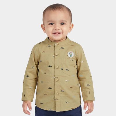 Infants Beige Cotton Long Sleeve Mandarin Collar Shirt