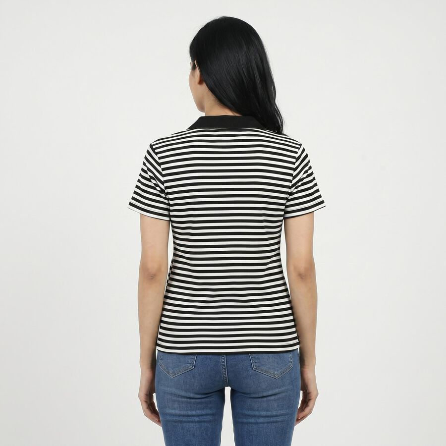 Women's Black Polo Neck Striped Polo T-Shirt, Black, large