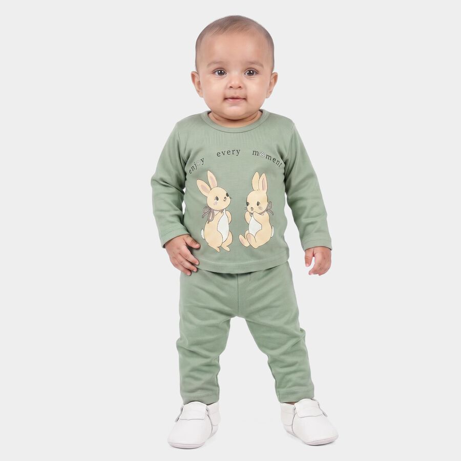 Infants Green Cotton Round Neck Lounge Set Hipster Set, हल्का हरा, large