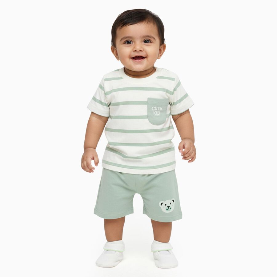 Infants' Light Green Cotton Round Neck Striped Baba Suit, Light Green, large