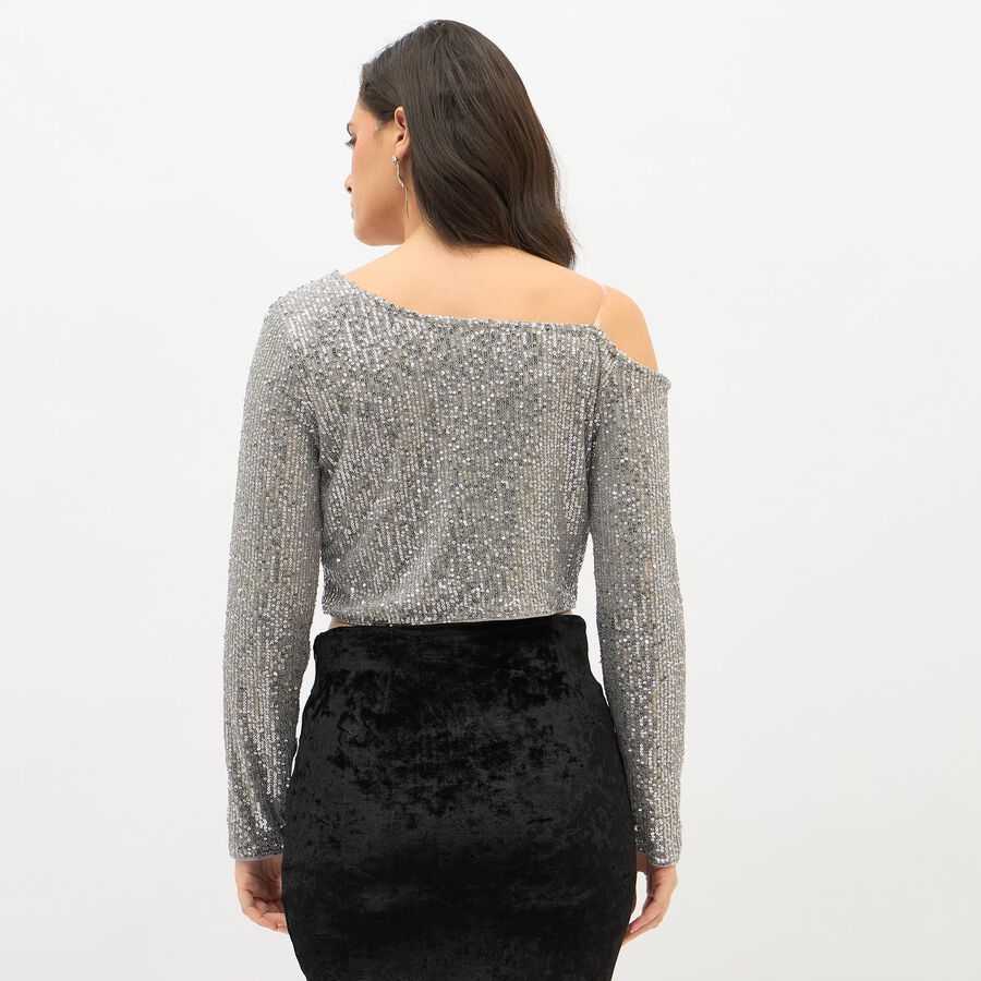 Women's Metallic Silver Asymmetric Party Wear Crop Top, Silver, large