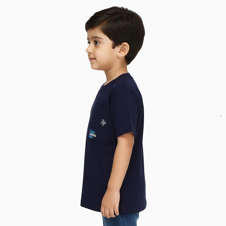 Boys Deep Midnight Navy Blue Cotton Crew Neck Casual T-Shirt, Navy Blue, large image number null
