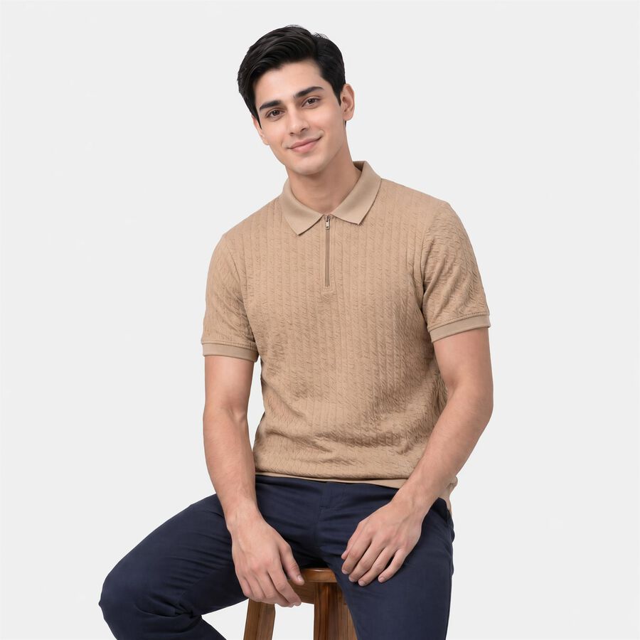 Men's Beige Polo Neck Polo T-Shirt, गहरा पीला, large