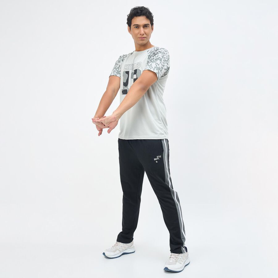 Men's Jet Black Regular Fit Side-Striped Track Pants, काला, large