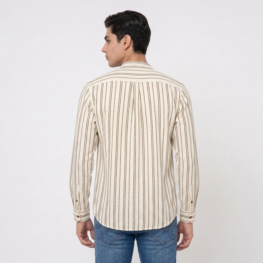 Men's Beige Cotton Long Sleeve Mandarin Collar Regular Fit Shirt, Beige, large