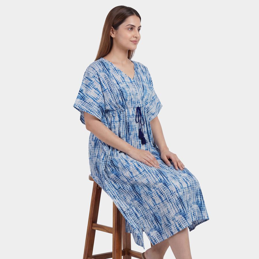 Women's Blue V-Neck Tie-Dye Kaftan Nighty, Light Blue, large