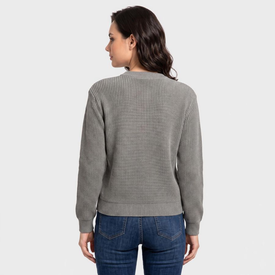 Women's Grey Round Neck Button-Front Cardigan, गहरा ग्रे, large