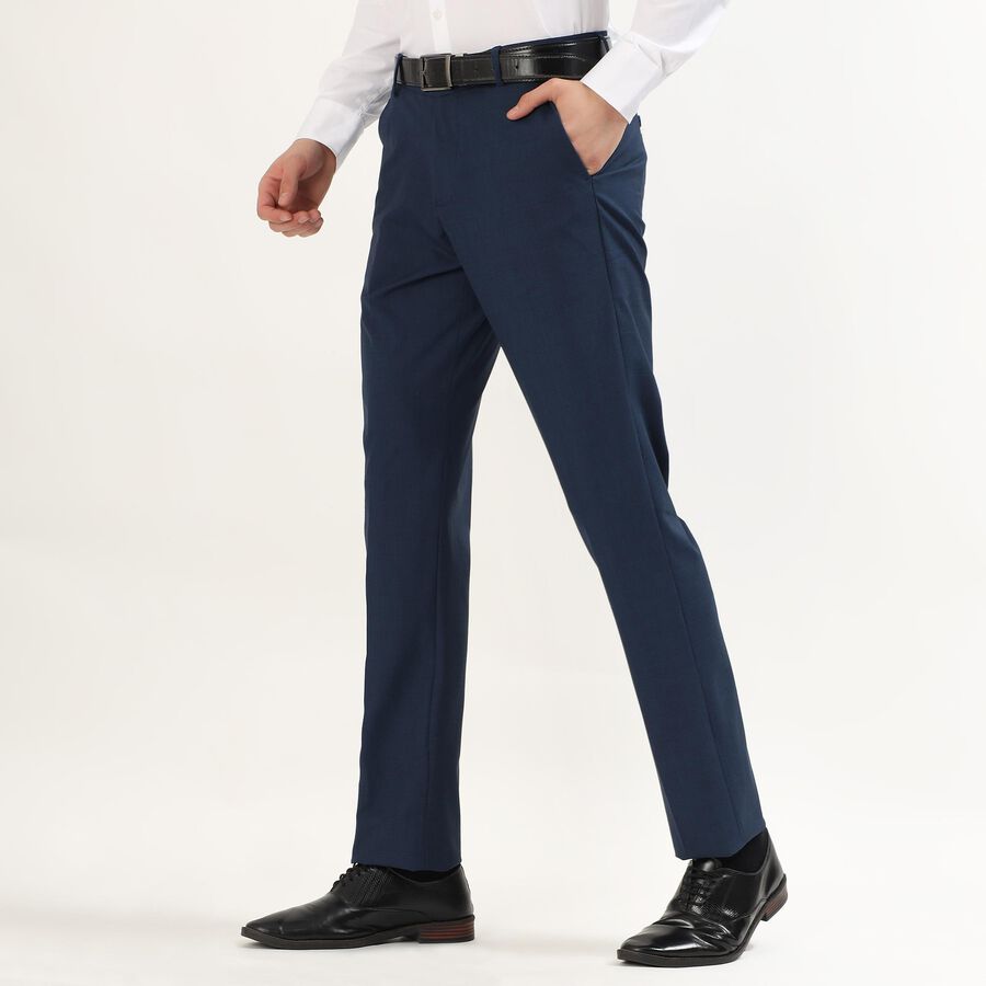 Men's Navy Blue Slim Fit Flat-Front Formal Trousers, Dark Blue, large