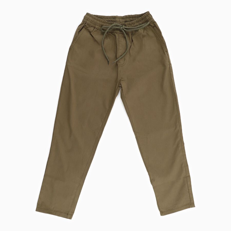 Boys Olive Green Regular Fit Drawstring Trousers, Olive, large image number null
