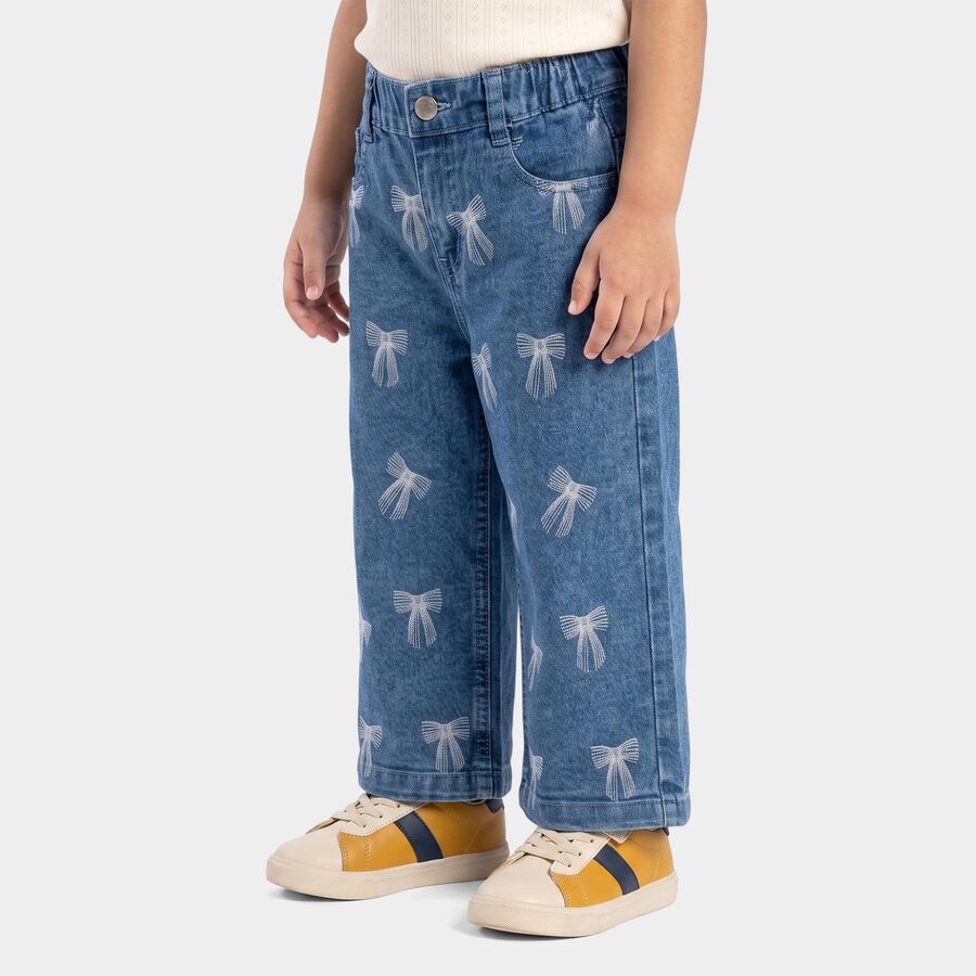 Girls' Mid Blue Straight Fit Bow Printed Jeans, मध्यम नीला, large