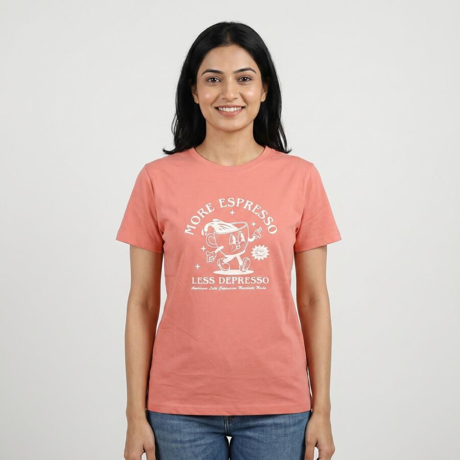 Women Pink Round Neck Casual T-Shirt, Pink, large
