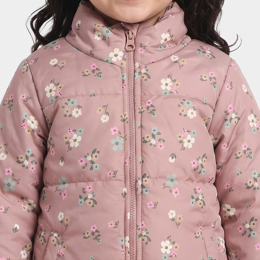 Girls' Pink Stand Collar Puffer Jacket, Pink, large