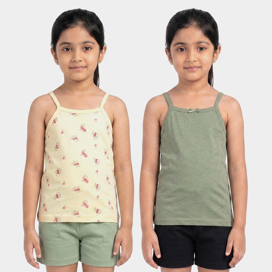 Girls' Green Cotton Round Neck Sleeveless Vest, हल्का हरा, large