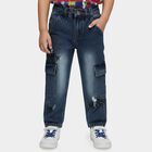 Boys' Dark Blue Regular Fit Graffiti Printed Cargo Jeans, मध्यम नीला, small