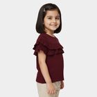 Girls Wine Cotton Round Neck Ruffle Sleeve T-Shirt, Wine, small