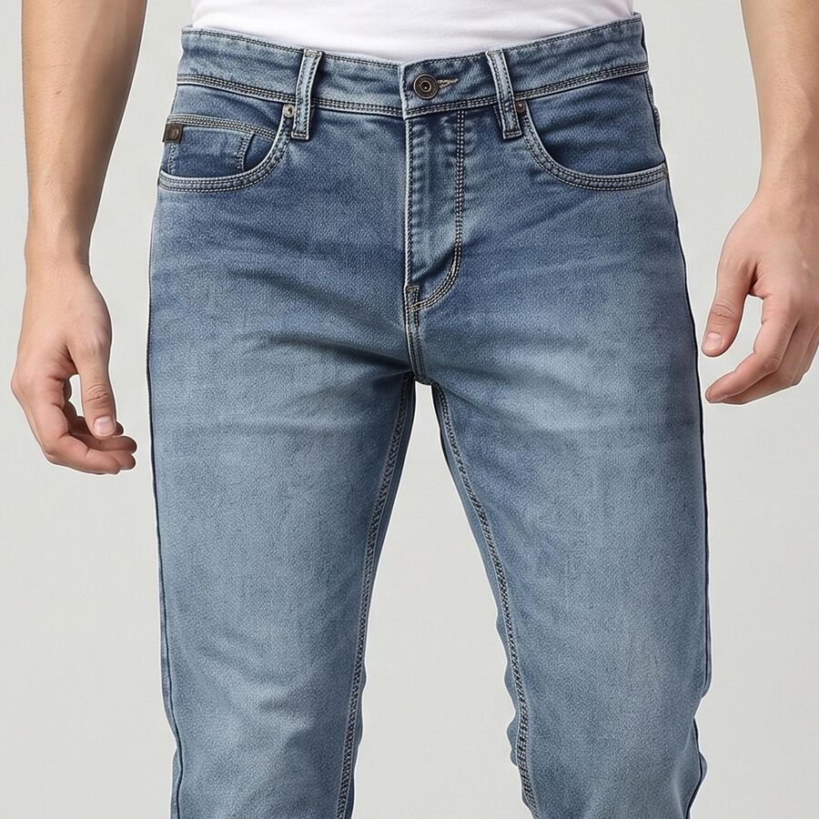 Men's Blue Slim Fit Faded Jeans, गहरा नीला, large