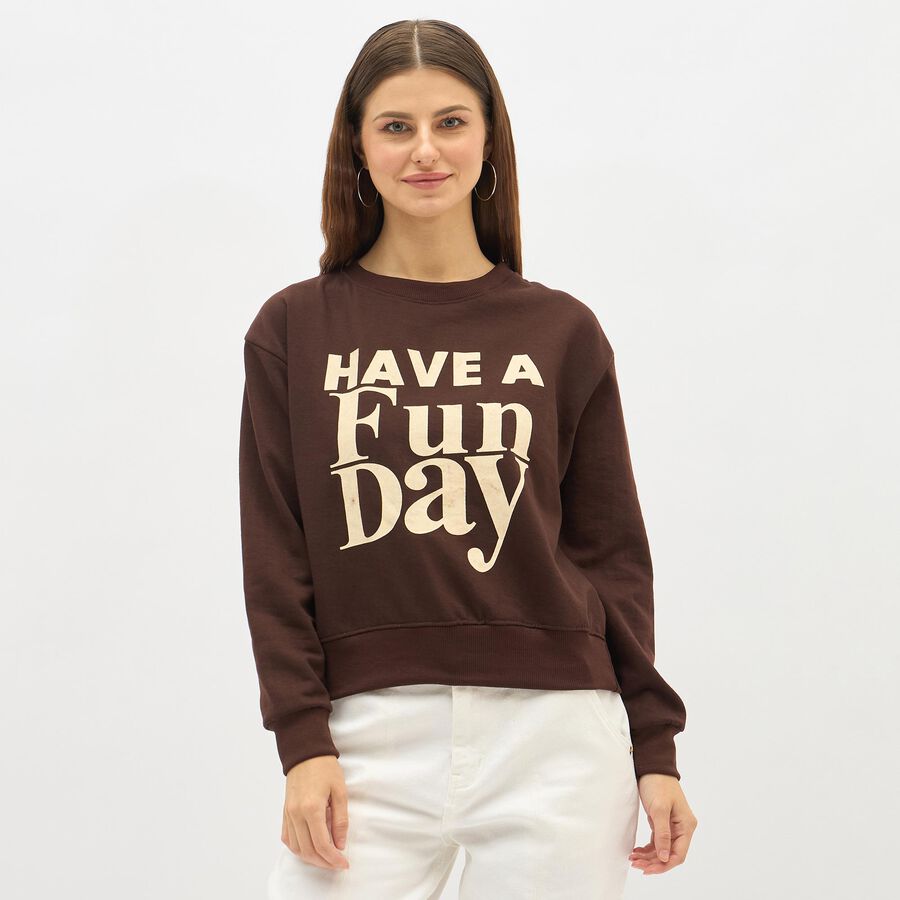 Women's Dark Chocolate Brown Crew Neck Graphic Sweatshirt, भूरा, large image number null