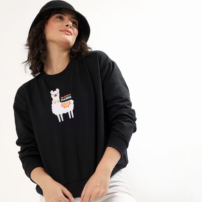 Women's Jet Black Crew Neck Casual Sweatshirt