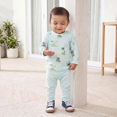 Infants' Aqua Cotton Round Neck Graphic Print Baba Suit