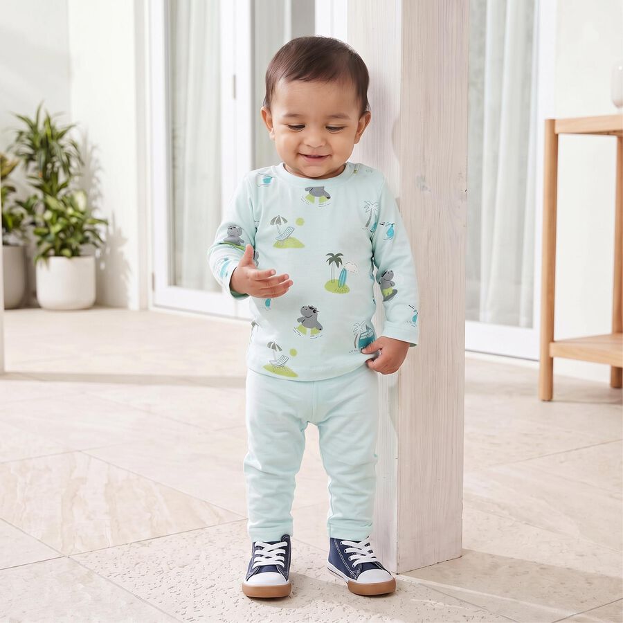 Infants' Aqua Cotton Round Neck Graphic Print Baba Suit, Aqua, large