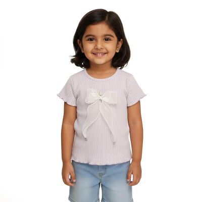 Girls Light Lavender Round Neck Casual T-Shirt