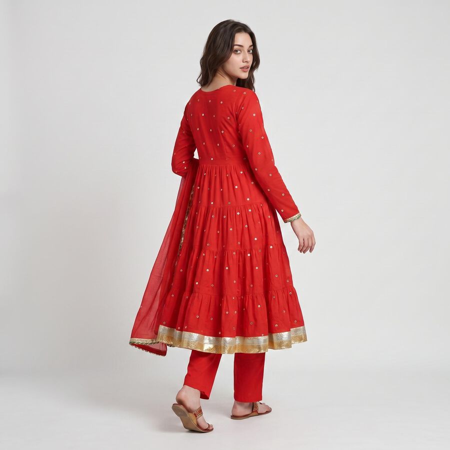 Women's Red Cotton Round Neck Embroidered Anarkali Kurta, Red, large