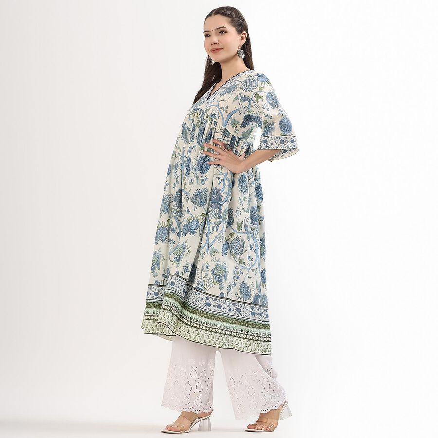 Women's Ivory Cotton V-Neck Floral Printed Kurti, Light Blue, large