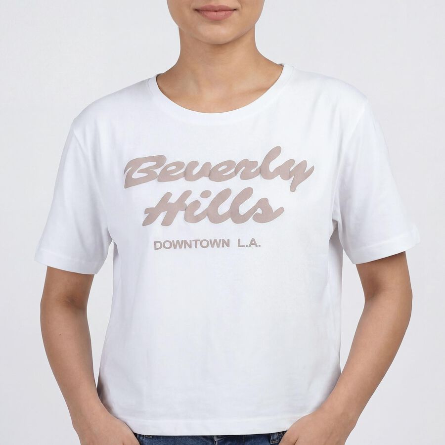 Women's White Cotton Round Neck Graphic Printed T-Shirt, White, large